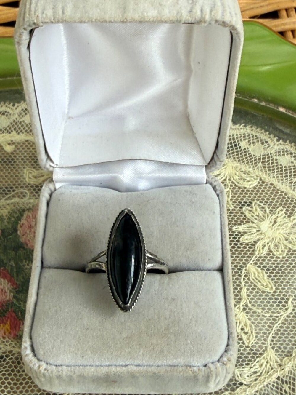 Vintage 70's Marquis Shaped Onyx Ring 925 Sterling Hallmark RPH Size 8.25